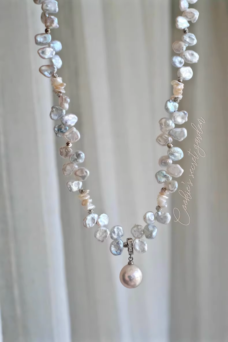 【Monet Garden Collection】 Handmade Mermaid Blue Baroque Pearl Necklace