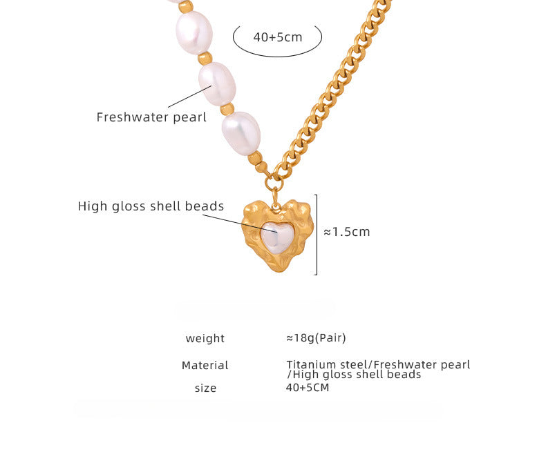 Half Gold Chain Half Freshwater Pearl Necklace With Heart Pendant 