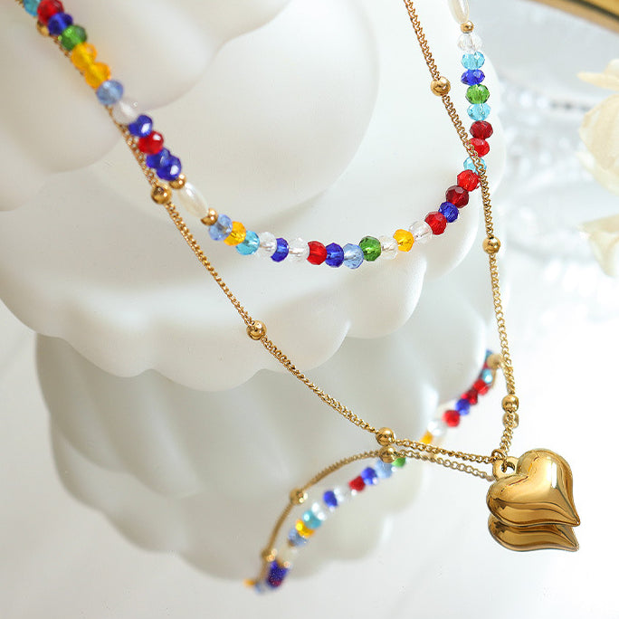 Double Layered Stacked Rainbow Crystal And Pearl With Heart Pendant Necklace