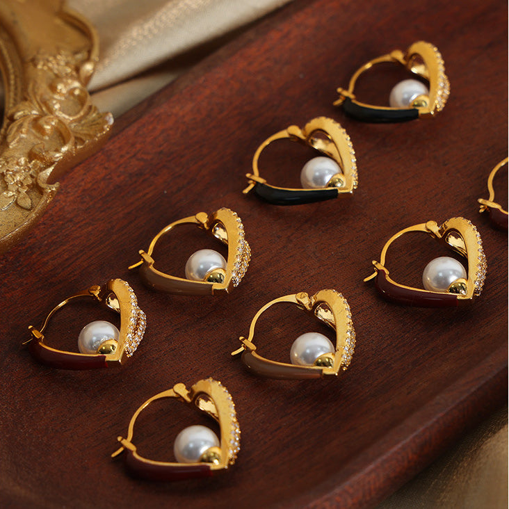 Hollow Love Heart Inlaid Pearl Earrings