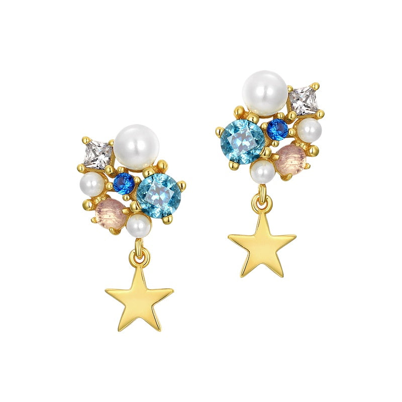 Color Gem Star and Pearl Stud Earrings