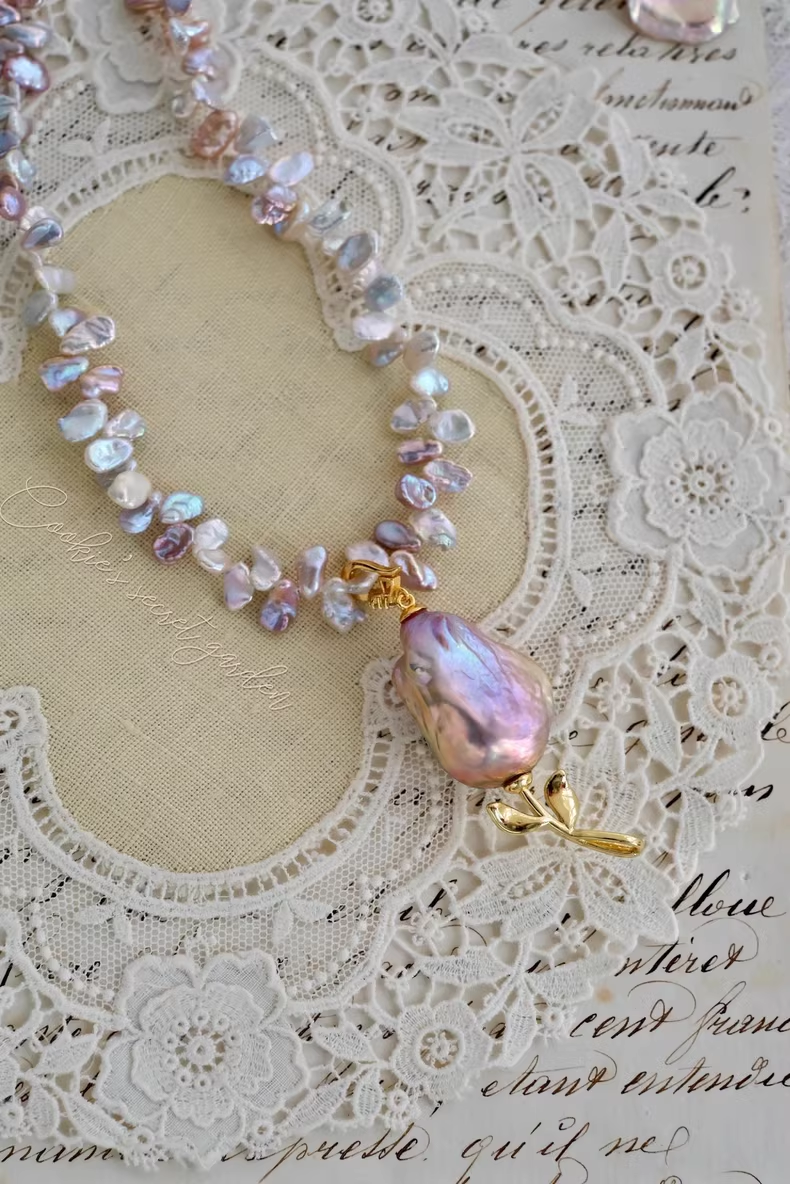 【Monet Garden Collection】 Handmade Fairyland Rose Baroque Pearl Pendant