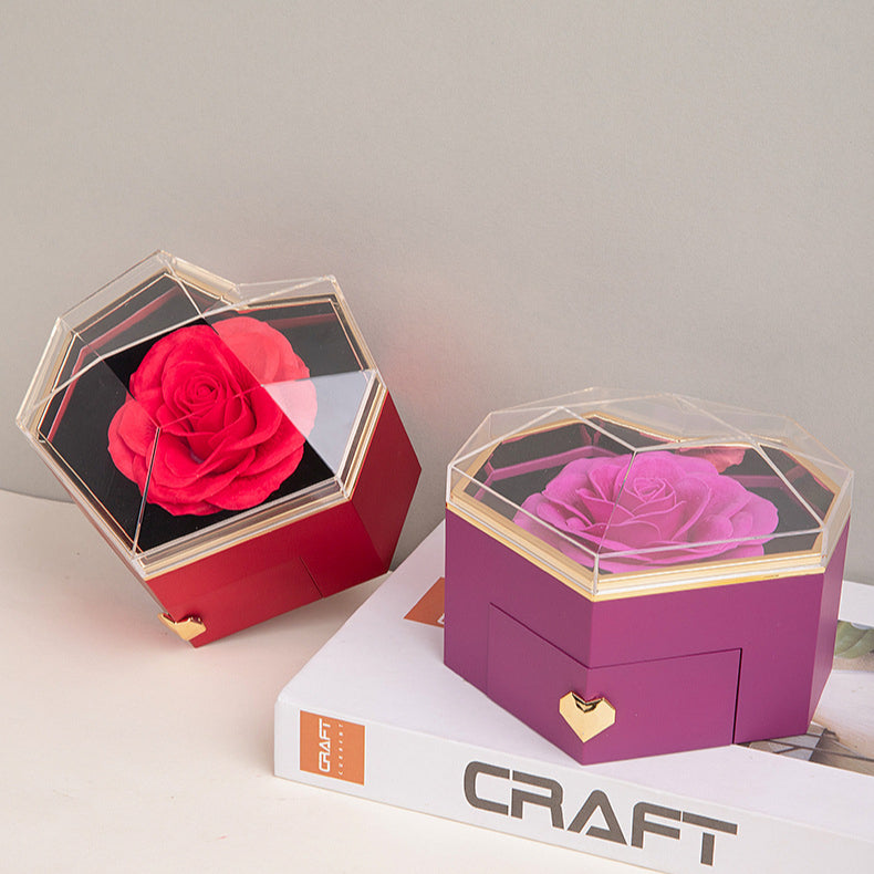 Beating Heart Preserved Rose Flower Ring Necklace Jewelry Box