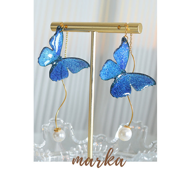 Pearl Drop Linear Blue Butterfly Earrings