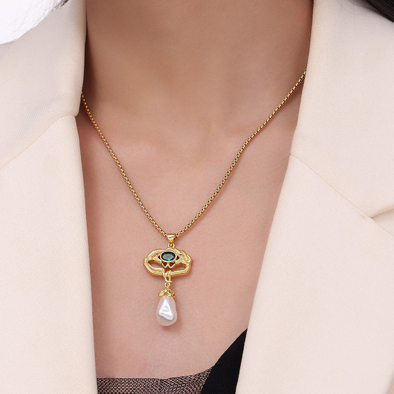 Vintage Snake Around Pearl Drop Pendant Necklace