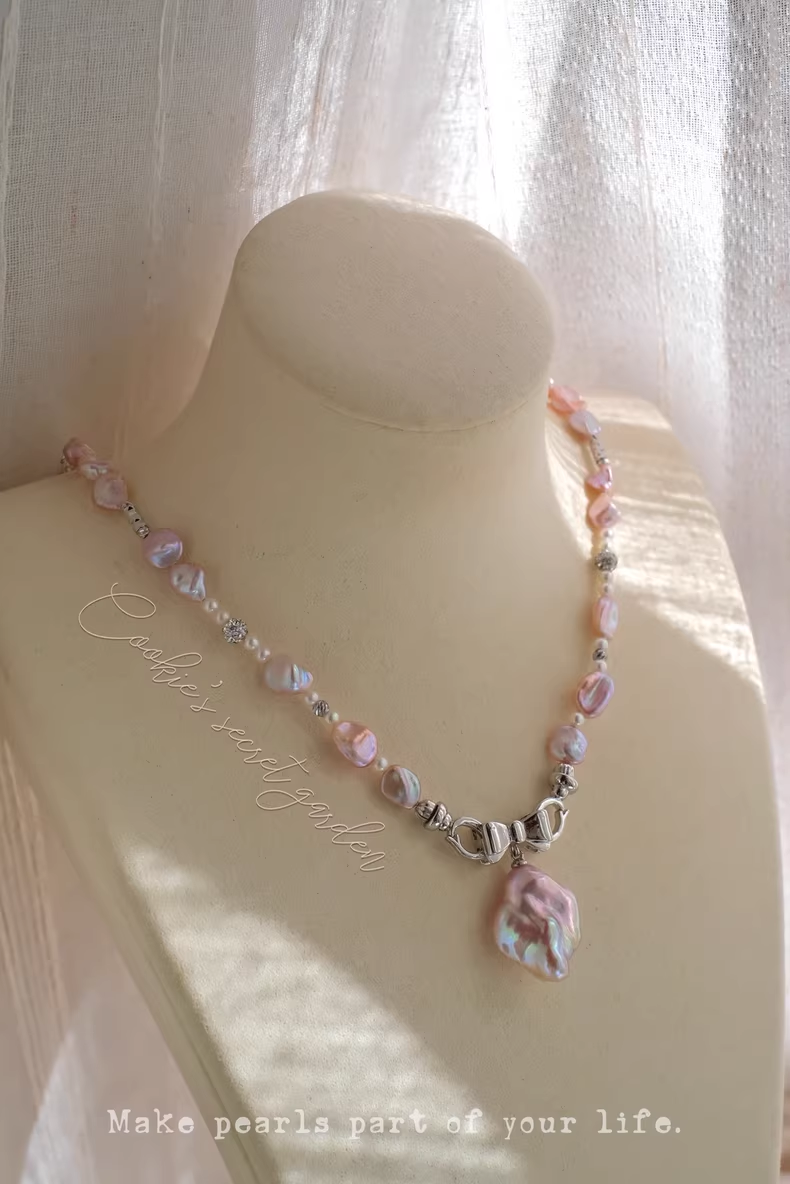 【Monet Garden Collection】 Handmade Amethyst Bow Baroque Pearl Pendant Necklace