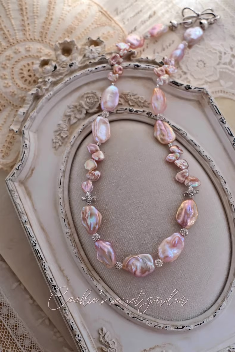 【Monet Garden Collection】 Handmade Ice Rose  Baroque Pearl Necklace