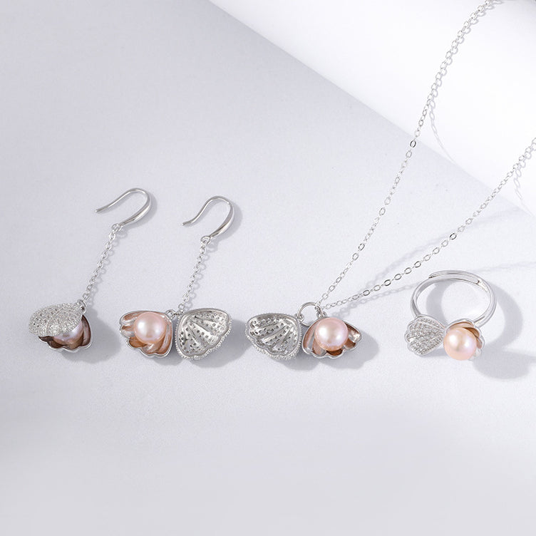 Shell Pearl Pendant Necklace Earrings Ring Set