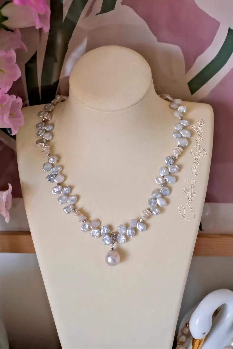 【Monet Garden Collection】 Handmade Mermaid Blue Baroque Pearl Necklace