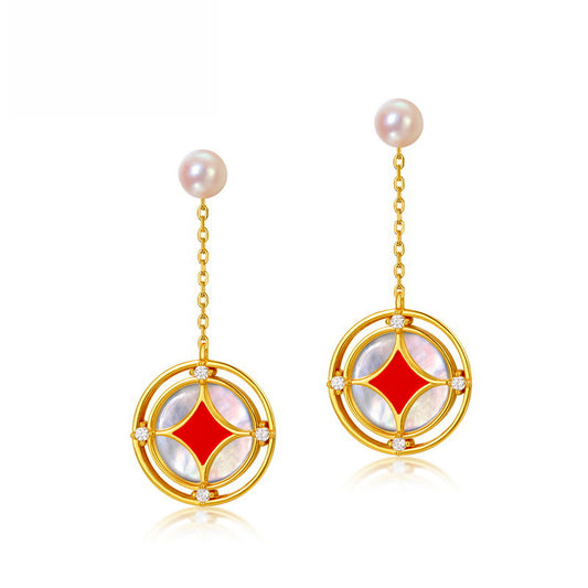 Pearl Studs Red Enamel Earrings