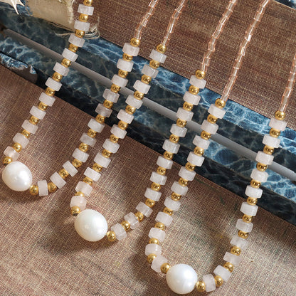 Natural Jade Glass Beads Freshwater Pearl Beaded Necklace