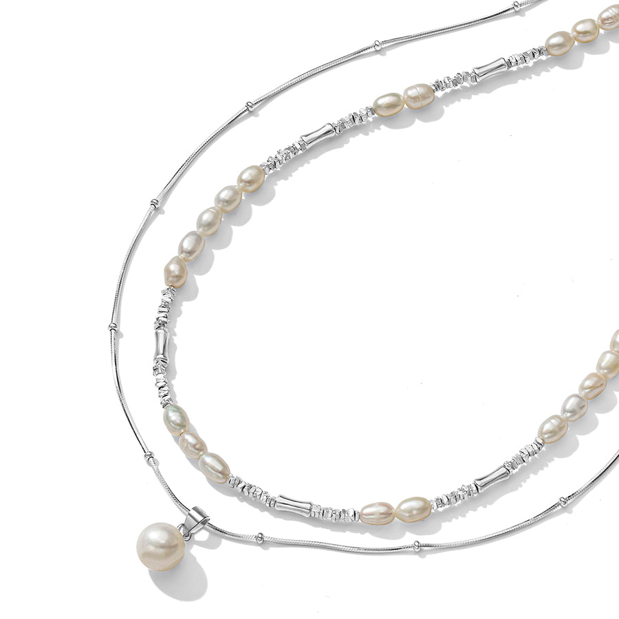 Two Layers Stacked Silver Freshwater Pearl Necklace