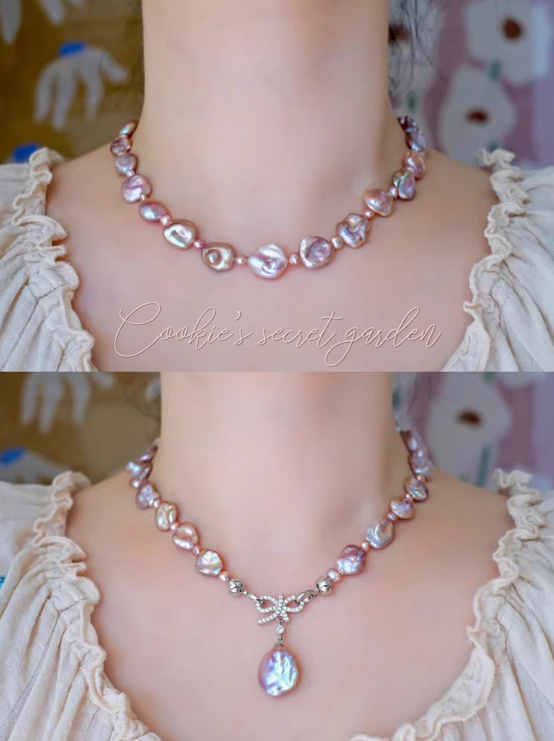 【Monet Garden Collection】 Handmade Mountain Cherry Baroque Pearl Necklace