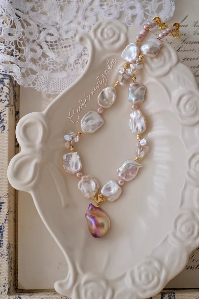 【Monet Garden Collection】 Handmade Cherry Jam Baroque Pearl Necklace