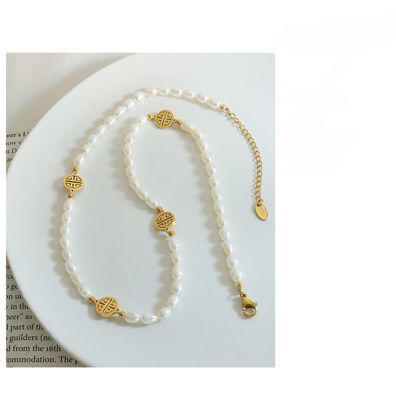 Hollow Vintage Charms Stitching Freshwater Pearl Necklace