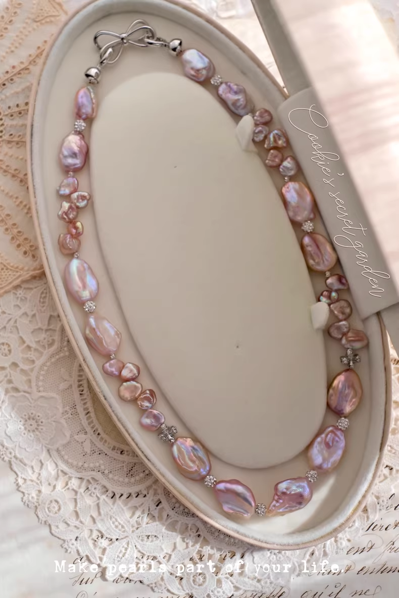 【Monet Garden Collection】 Handmade Ice Rose  Baroque Pearl Necklace