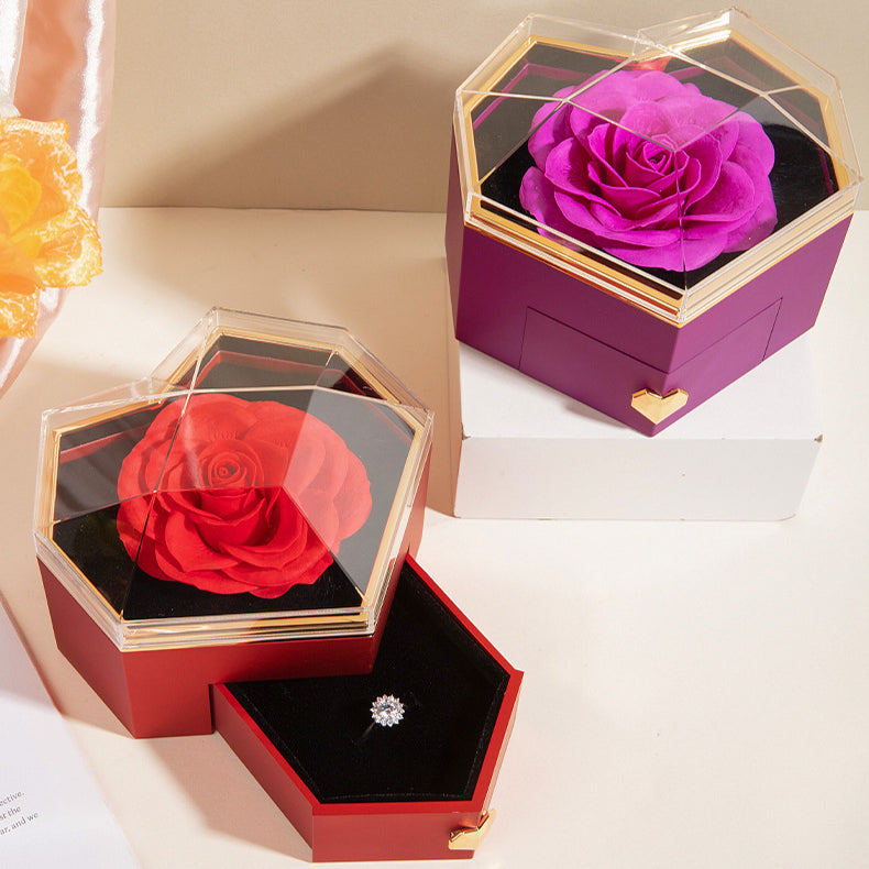 Beating Heart Preserved Rose Flower Ring Necklace Jewelry Box