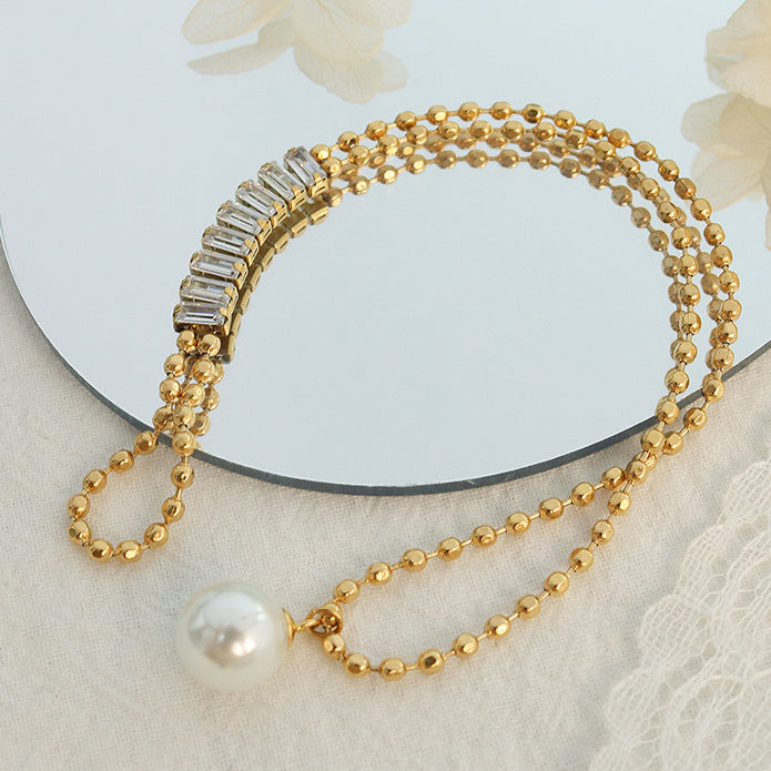 Gold Beads Chain Zircon Pearl Bracelet