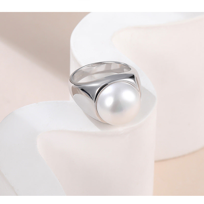 Wide Silver Pearl Ring