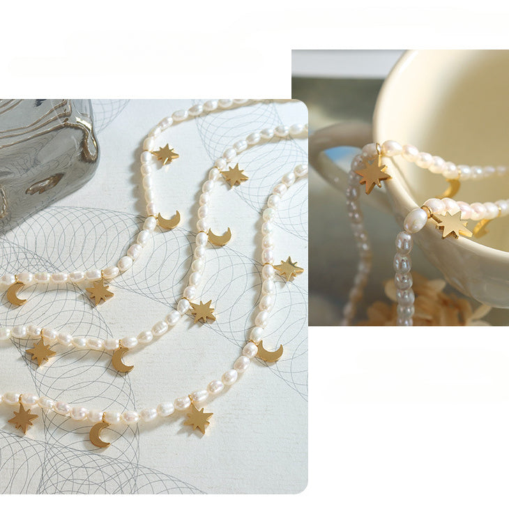 North Star Moon Charms Freshwater Pearl Necklace