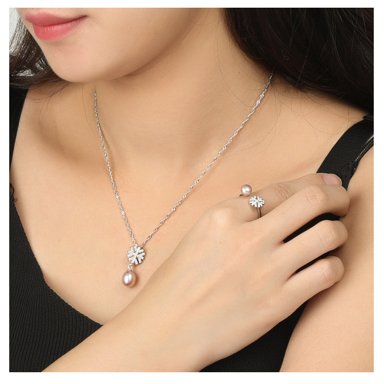 Snowflake Freshwater Pearl Pendant Necklace Earrings Ring Set