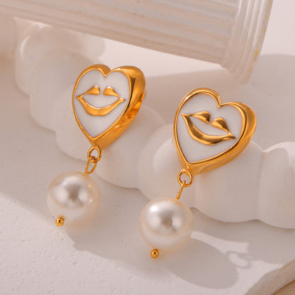 Enamel Glaze Smile Heart Mouth Pearl Drop Earrings