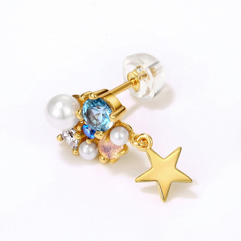 Color Gem Star and Pearl Stud Earrings