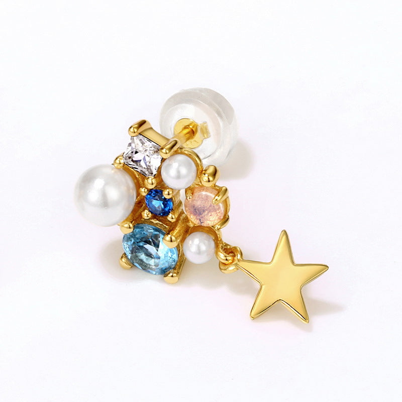 Color Gem Star and Pearl Stud Earrings