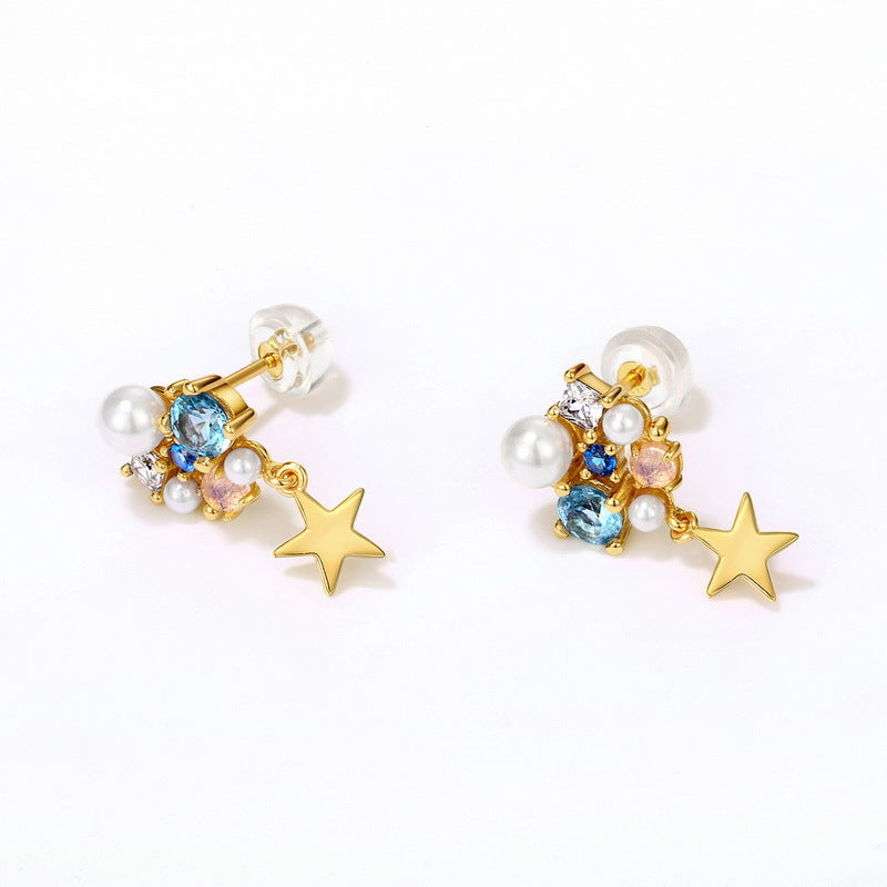 Color Gem Star and Pearl Stud Earrings