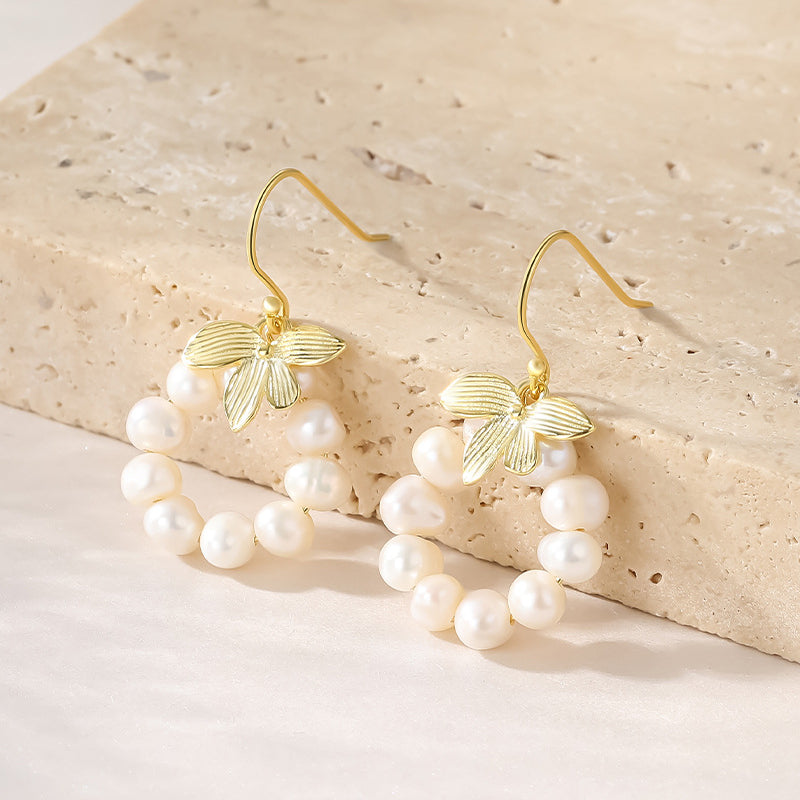 Leaf and Pearl Hook Earrings