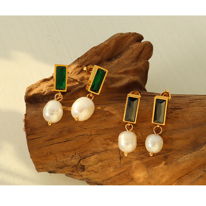 Black Zircon And Emerald Pearl Drop Earrings