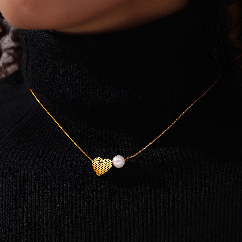 "BEAUTY" Heart Pearl Pendant Necklace