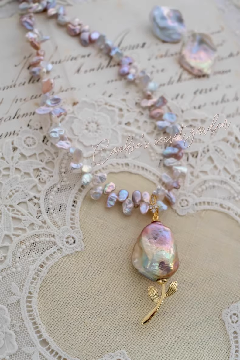 【Monet Garden Collection】 Handmade Fairyland Rose Baroque Pearl Pendant