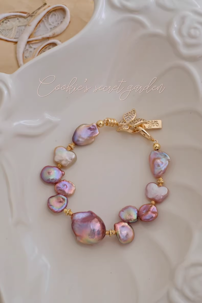 【Monet Garden Collection】 Handmade Butterfly Purple Baroque Pearl Bracelet