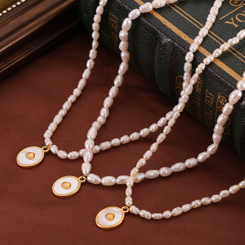 Freshwater Pearl Necklace With Oval Mother of Pearl Pendant