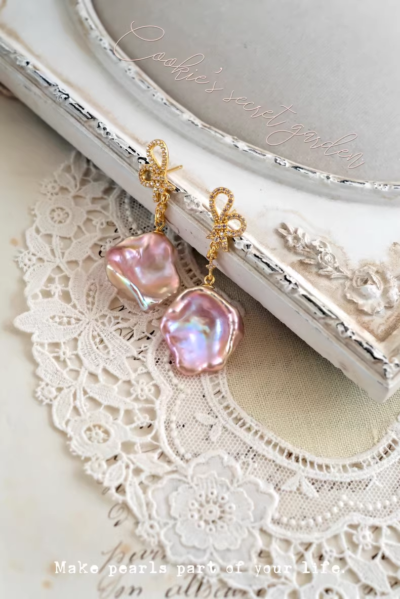 【Monet Garden Collection】 Handmade Yuru Bow Baroque Pearl Drop Earrings