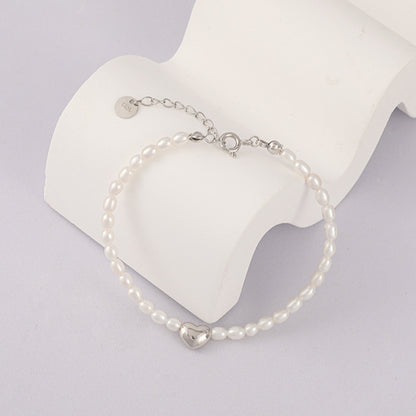 Super Thin Rice Pearl Bracelet with A Heart