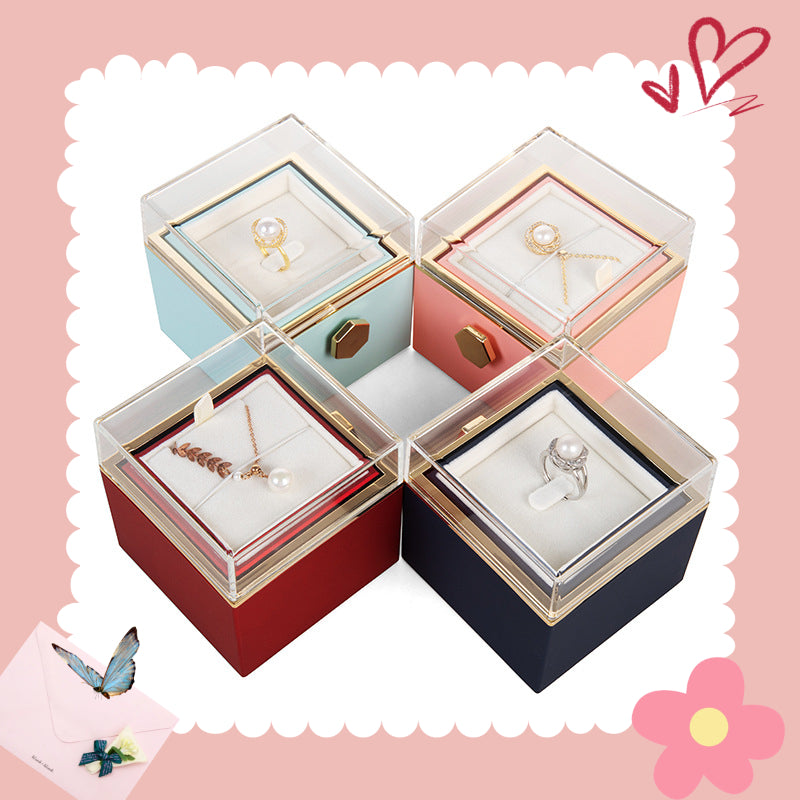 Preserved Flower Rose Ring Necklace Square Jewelry Box