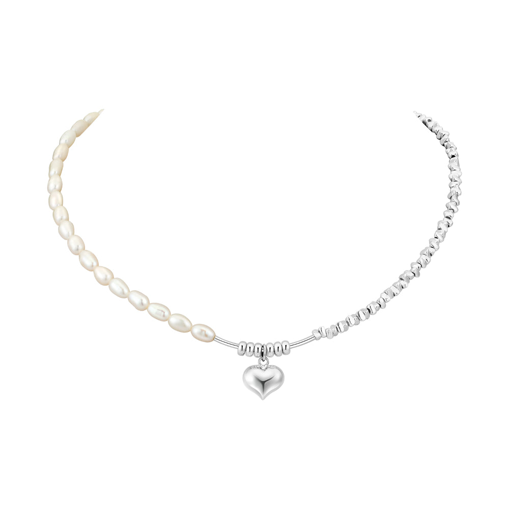 Half Pearl Half Silver Block Chain Heart Pendant Necklace