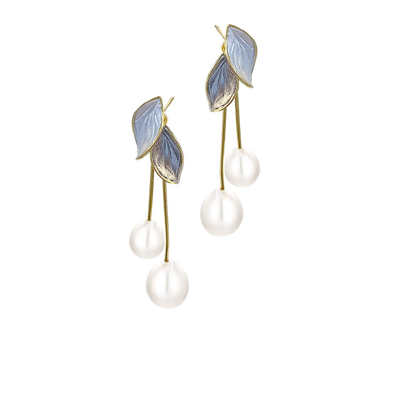 Leaves Tassel Pearl Dangle Earrings