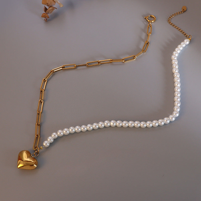 Gold Heart Pendant Half Pearl Half Paperclip Necklace