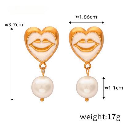 Enamel Glaze Smile Heart Mouth Pearl Drop Earrings