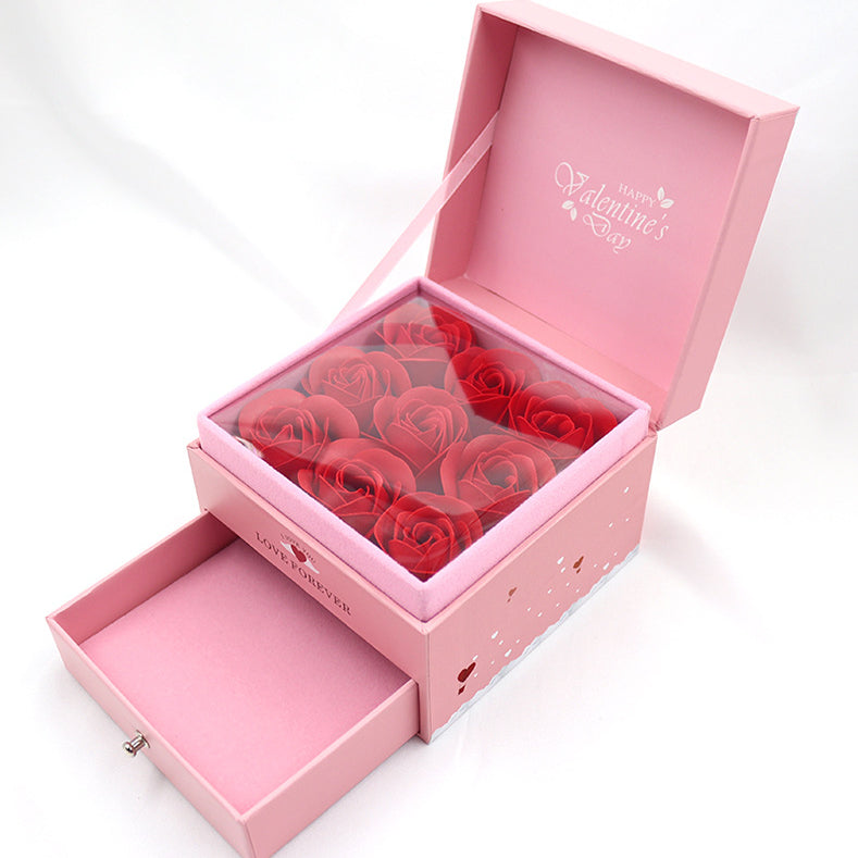 Dreamy Pink 9 Roses Preserved Flower Ring Earring Necklace Jewelry Box