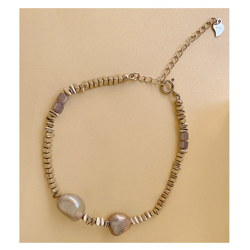 Silver Blocks Chain Baroque Pearl Bracelet