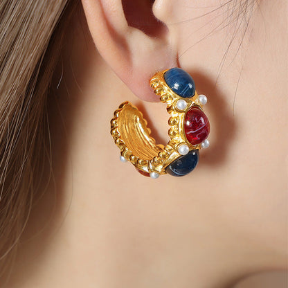 Vintage C Shape Resin and Pearl Earring