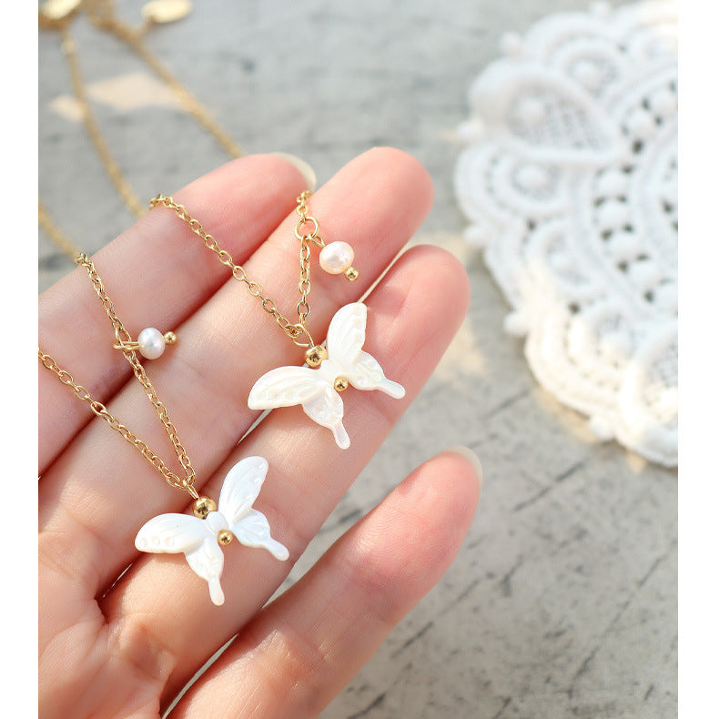 Pearl Charm Butterfly Pendant Necklace