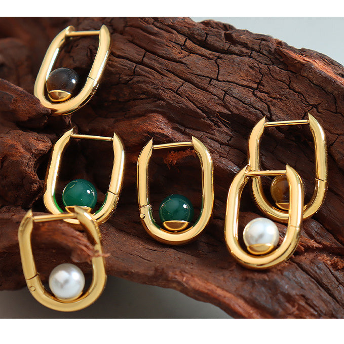 Geometric U Shape Tiger Eye Stone Green Agate Pearl Earrings