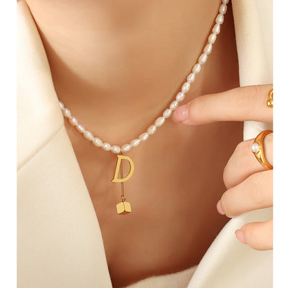 Letter D Gold Cube Drop Pendant  Freshwater Pearl Necklace