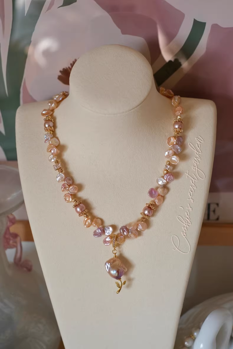 【Monet Garden Collection】 Handmade Nude Pink Petal Baroque Pearl Necklace