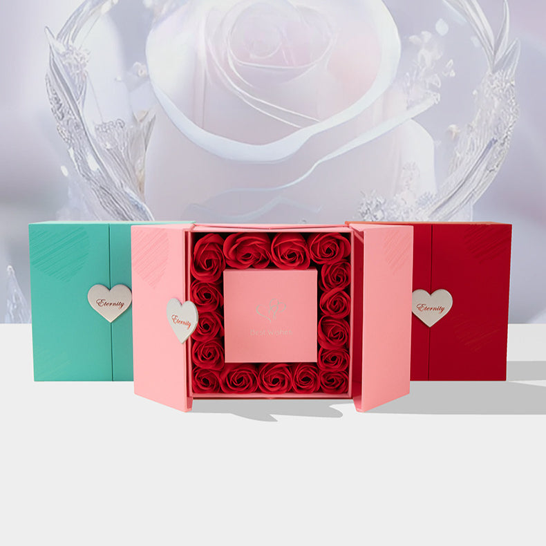 16 Roses Preserved Flower Heart Magnetic Closure Ring Earring Necklace Set Jewelry Box